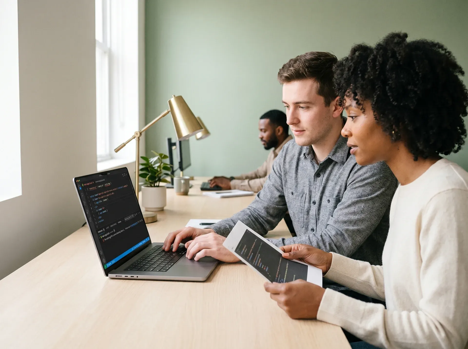 Two developers sitting side by side reviewing Shopify theme code on a laptop in a bright collaborative workspace Two developers sitting side by side reviewing Shopify theme code on a laptop in a bright collaborative workspace