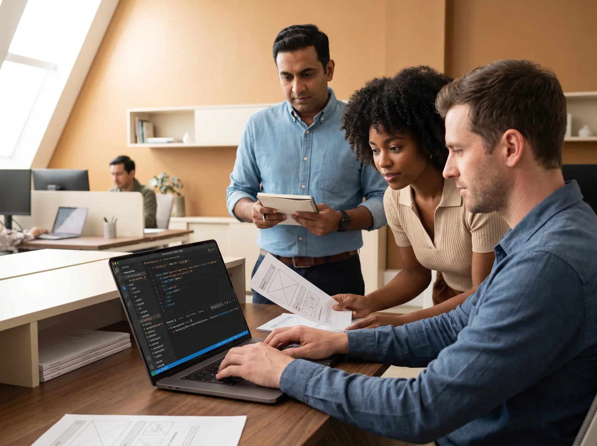 Cross-functional team gathered around a laptop planning a custom Shopify store build together in a bright office Cross-functional team gathered around a laptop planning a custom Shopify store build together in a bright office