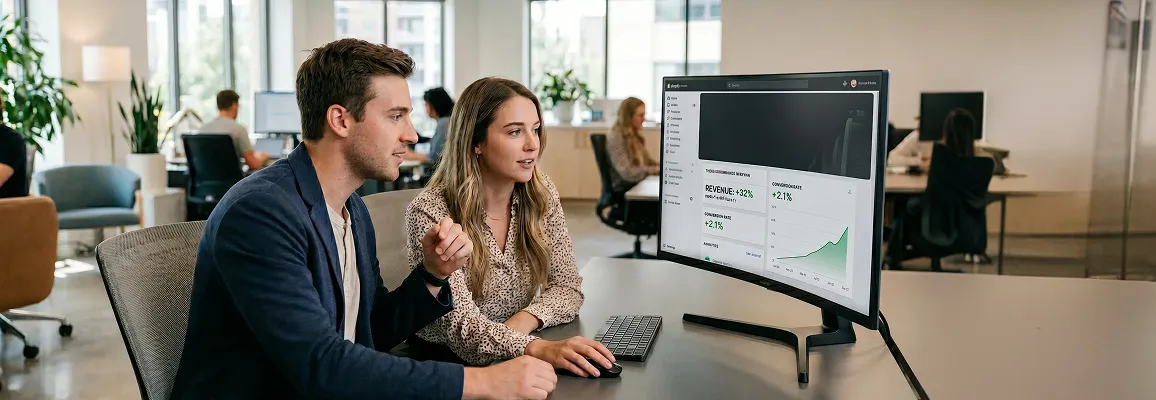 Developer at workstation building a custom Shopify theme layout Developer at workstation building a custom Shopify theme layout