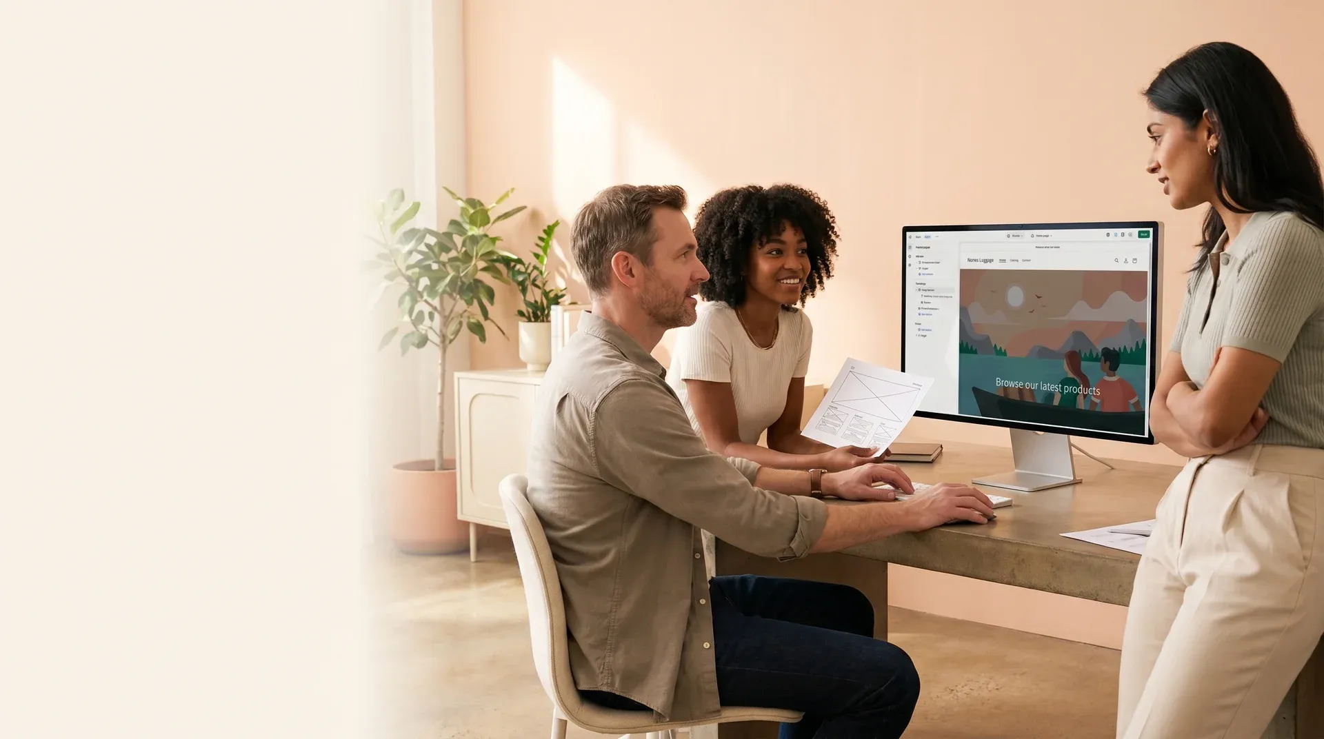 Diverse ecommerce team collaborating on a Shopify theme project in a bright modern workspace Diverse ecommerce team collaborating on a Shopify theme project in a bright modern workspace