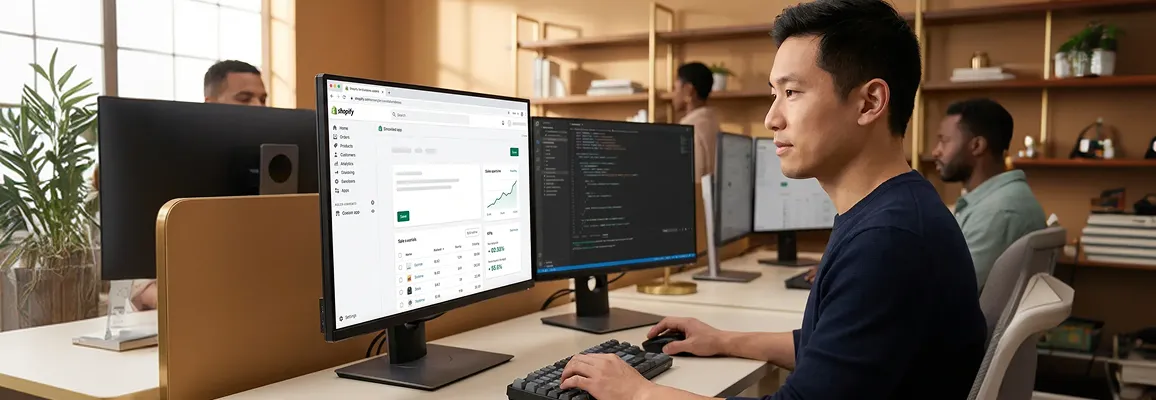 Developer at workstation building a custom Shopify app integration Developer at workstation building a custom Shopify app integration