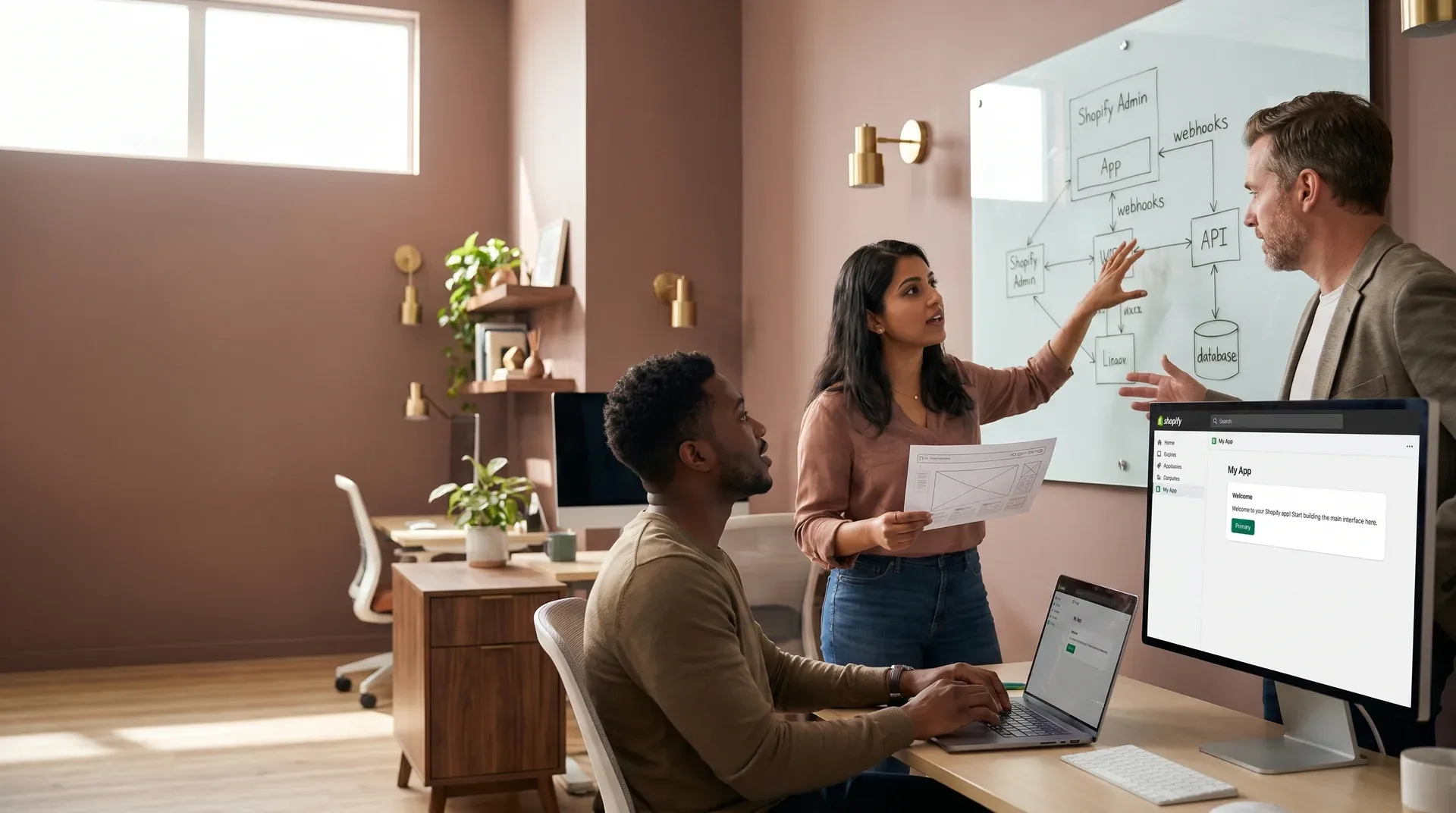 Diverse development team collaborating on a Shopify app architecture and integration plan Diverse development team collaborating on a Shopify app architecture and integration plan
