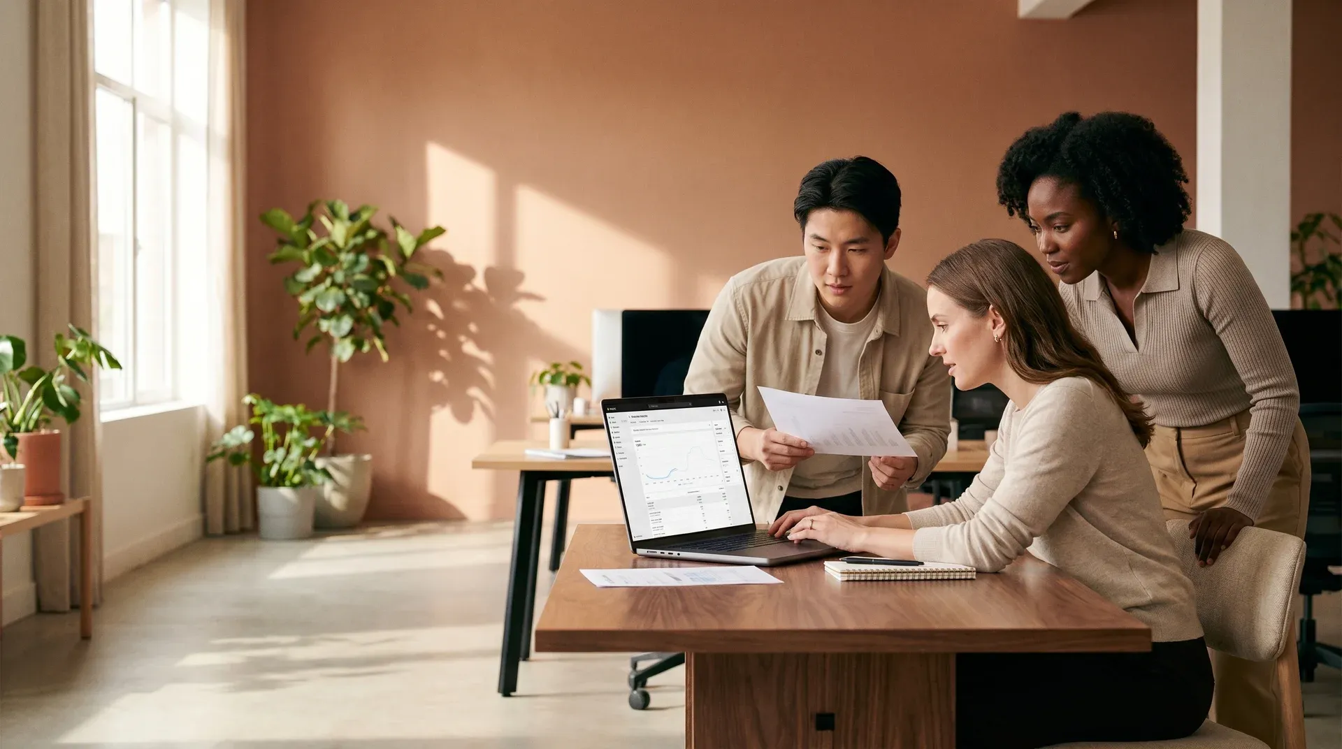 Team collaborating at laptops in a bright professional workspace