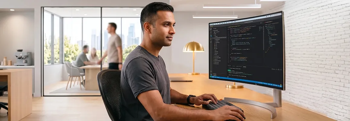 Developer at workstation building a headless Shopify architecture