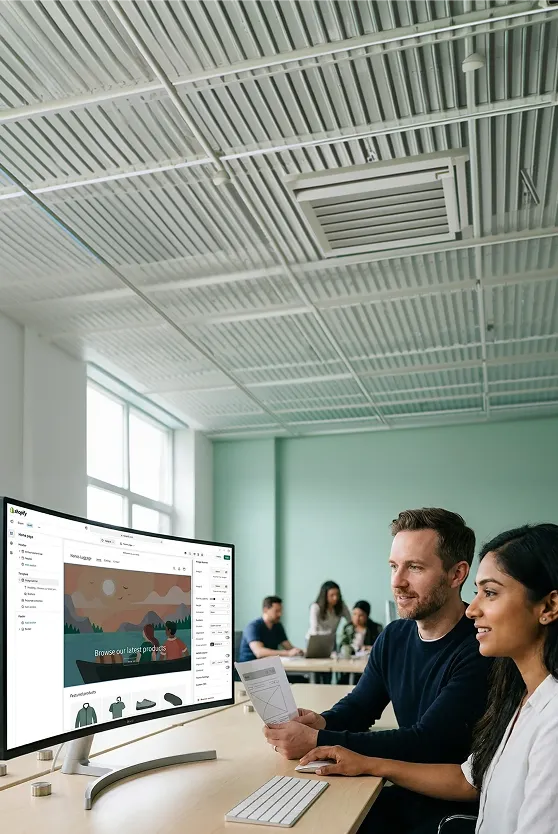 Web design team reviewing underperforming website on monitor before redesign Web design team reviewing underperforming website on monitor before redesign