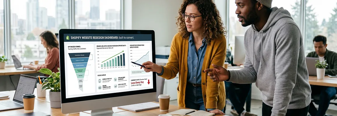 Brand team reviewing a new Shopify store design on a large monitor in a natural-light office Brand team reviewing a new Shopify store design on a large monitor in a natural-light office