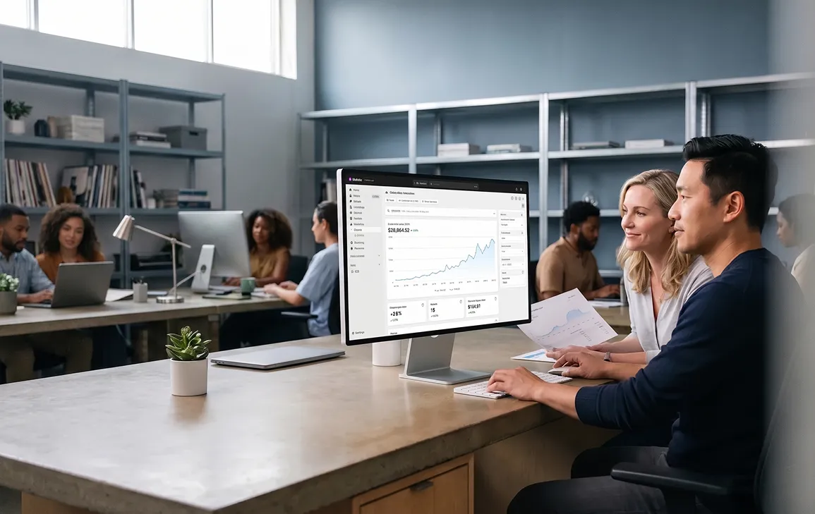 Team reviewing post-redesign revenue uplift metrics on analytics dashboard Team reviewing post-redesign revenue uplift metrics on analytics dashboard
