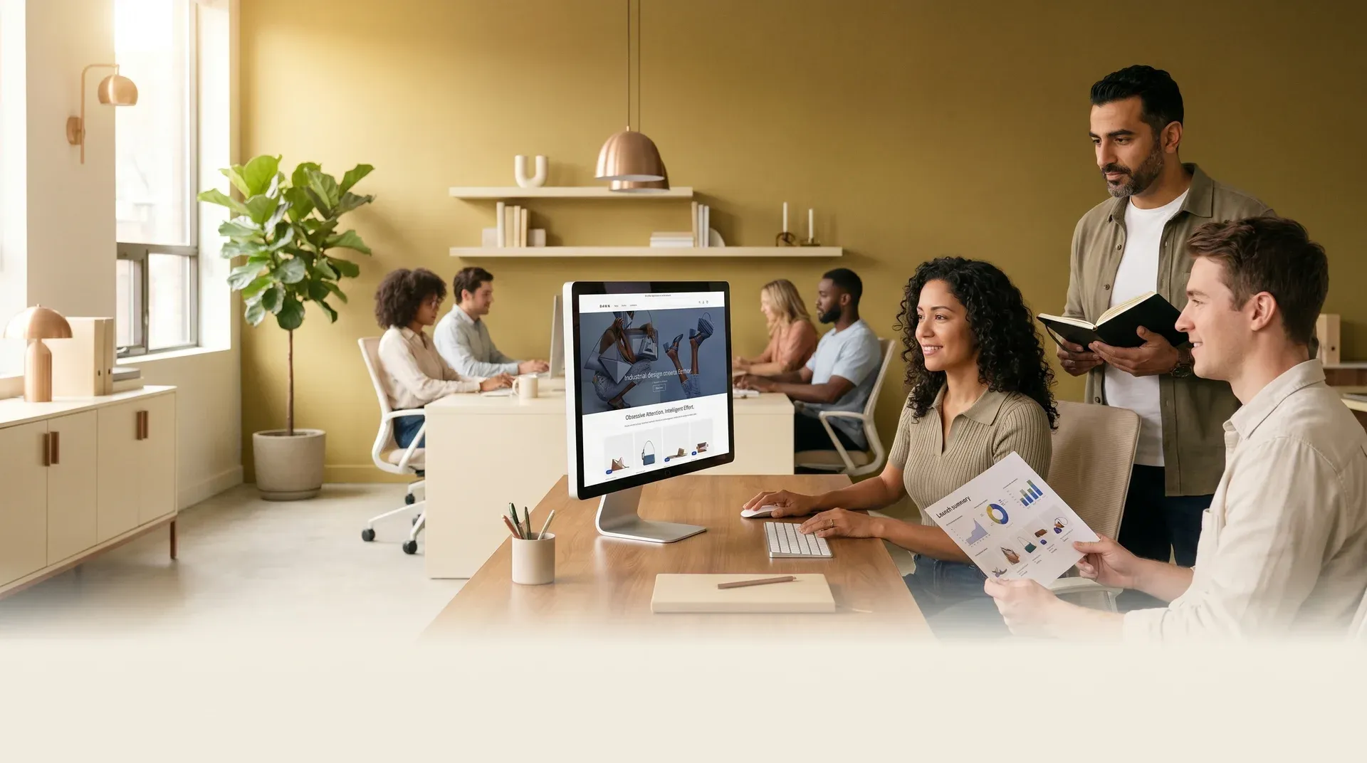 Ecommerce team celebrating a successful Shopify redesign launch at their desks