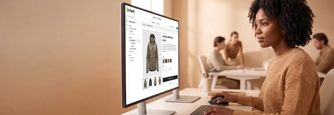 User experience designer reviewing a custom Shopify storefront design on dual monitors in a creative studio User experience designer reviewing a custom Shopify storefront design on dual monitors in a creative studio