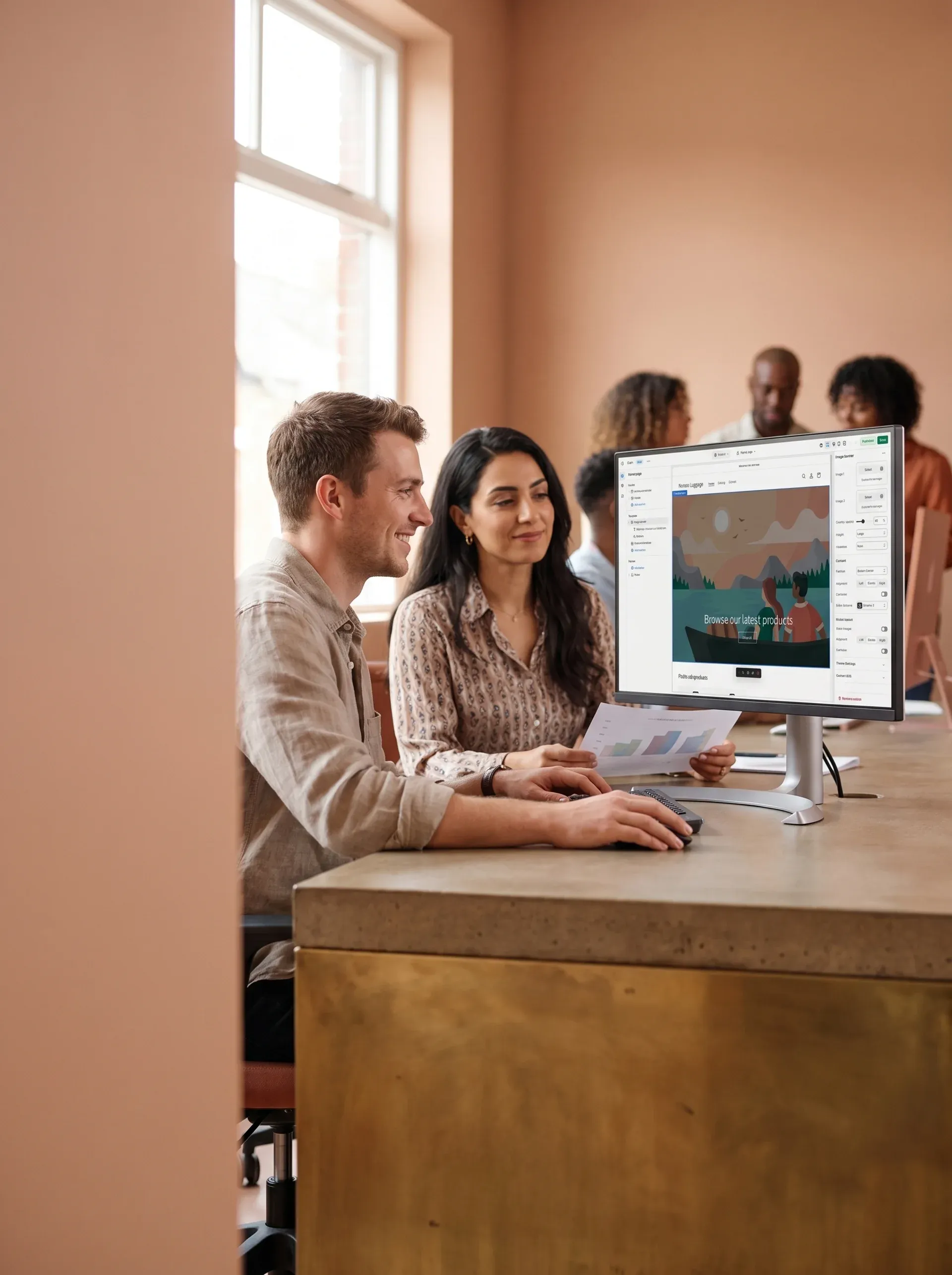 Design team and client reviewing the live Shopify store together on launch day, screens showing the newly live storefront Design team and client reviewing the live Shopify store together on launch day, screens showing the newly live storefront
