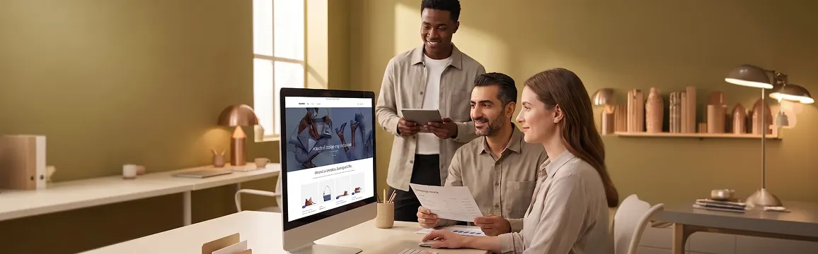 Ecommerce team reviewing successful landing page campaign results together