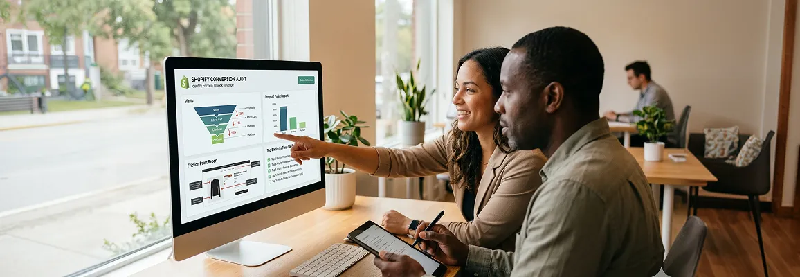User experience professional reviewing Shopify store analytics and user behavior data across multiple screens User experience professional reviewing Shopify store analytics and user behavior data across multiple screens