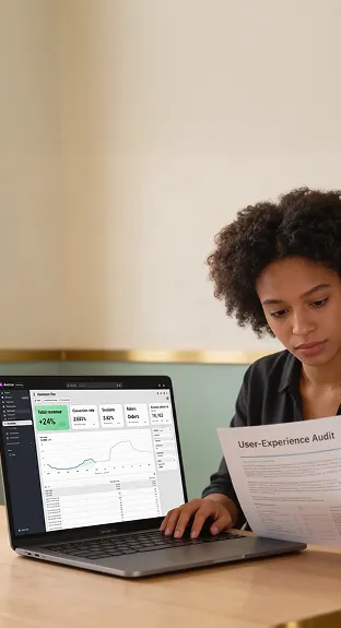 Ecommerce manager reviewing user experience audit findings and conversion improvement results for luxury brand Ecommerce manager reviewing user experience audit findings and conversion improvement results for luxury brand