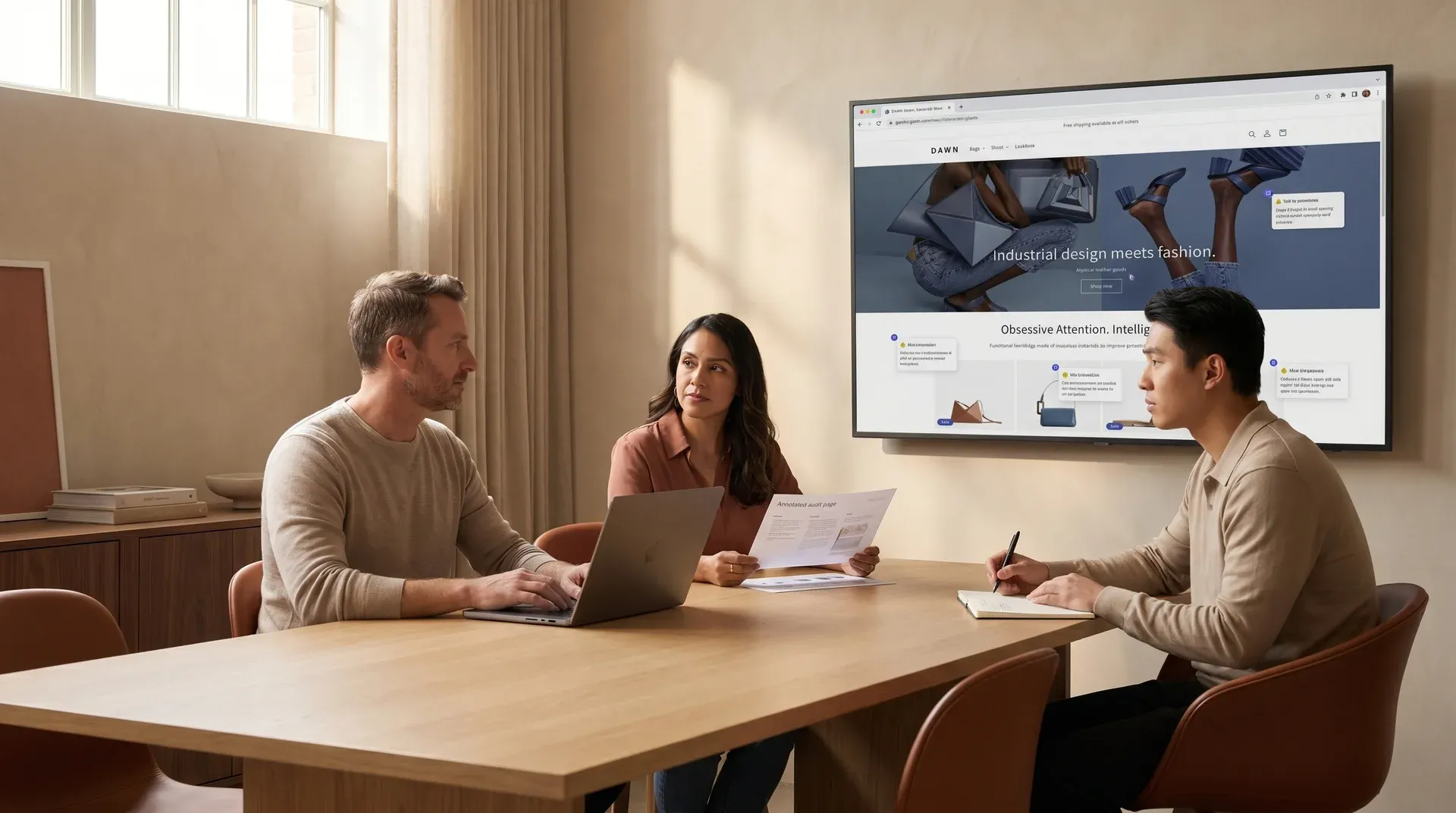 Brand and user experience team collaborating on Shopify store audit findings and prioritized action plan Brand and user experience team collaborating on Shopify store audit findings and prioritized action plan