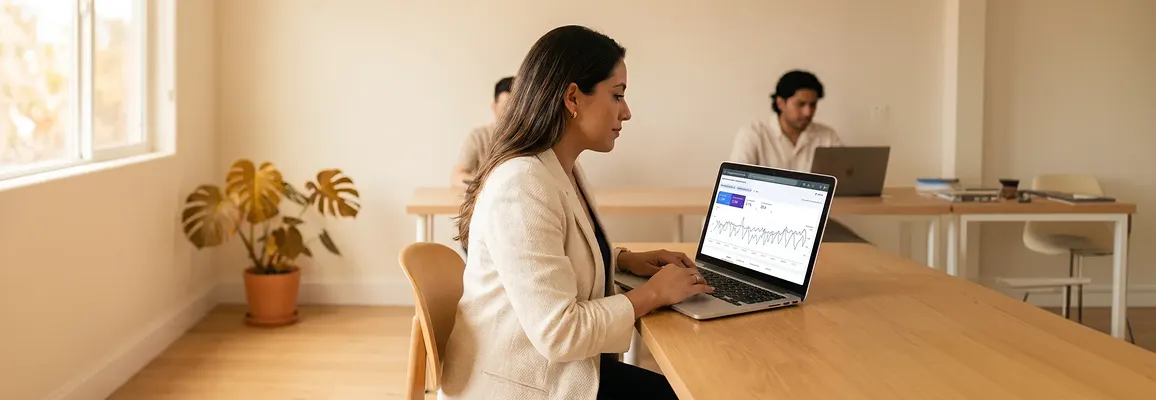 Ecommerce founder reviewing organic traffic growth charts on laptop in bright natural light workspace Ecommerce founder reviewing organic traffic growth charts on laptop in bright natural light workspace