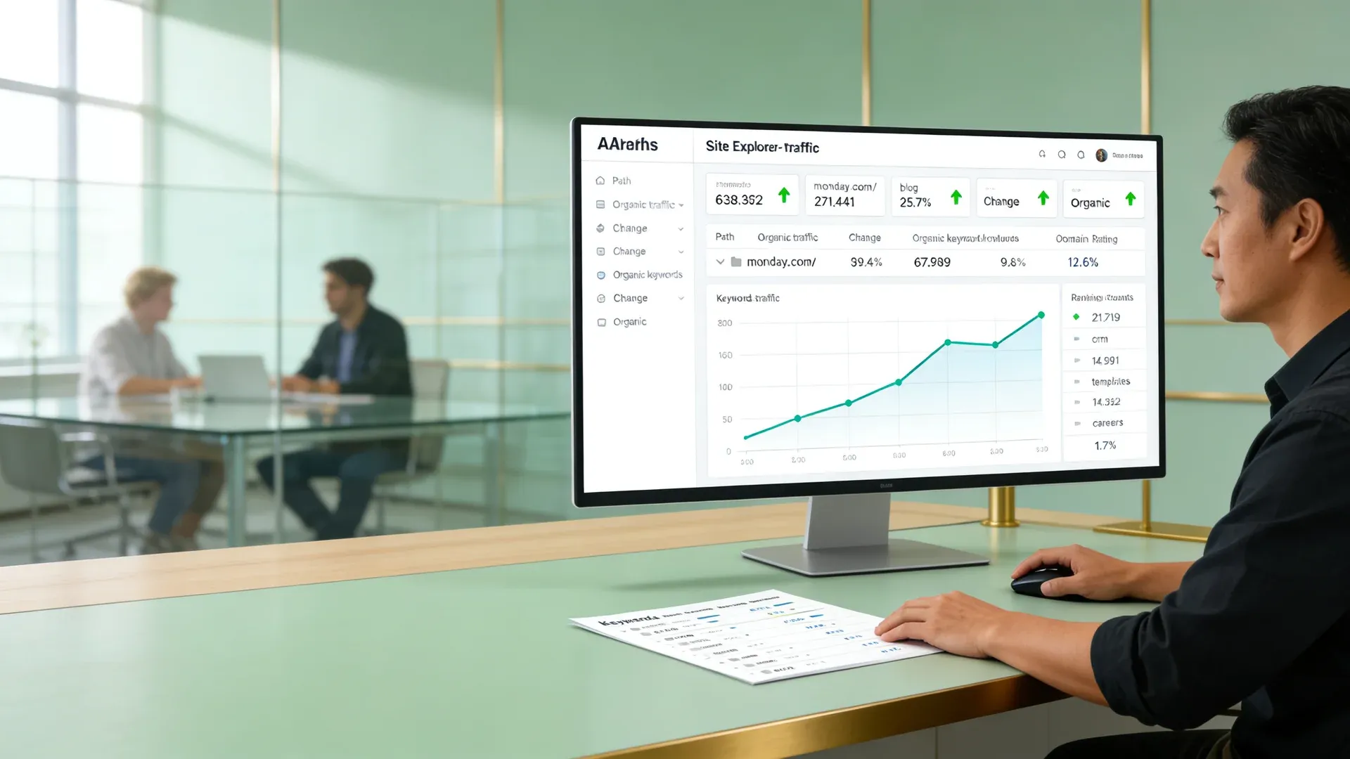 Shopify store owner reviewing organic revenue growth and keyword rankings on analytics dashboard Shopify store owner reviewing organic revenue growth and keyword rankings on analytics dashboard