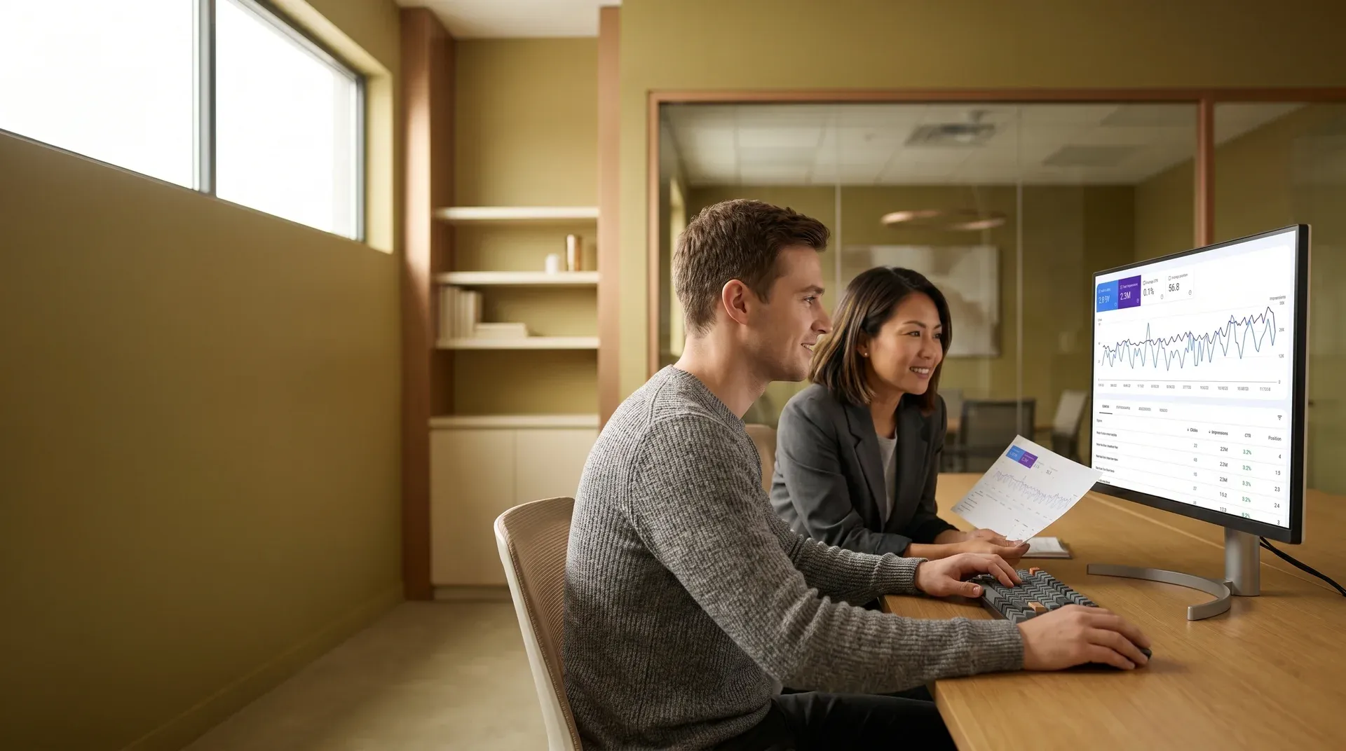 Ecommerce marketing team reviewing organic traffic growth charts and SEO improvement results Ecommerce marketing team reviewing organic traffic growth charts and SEO improvement results