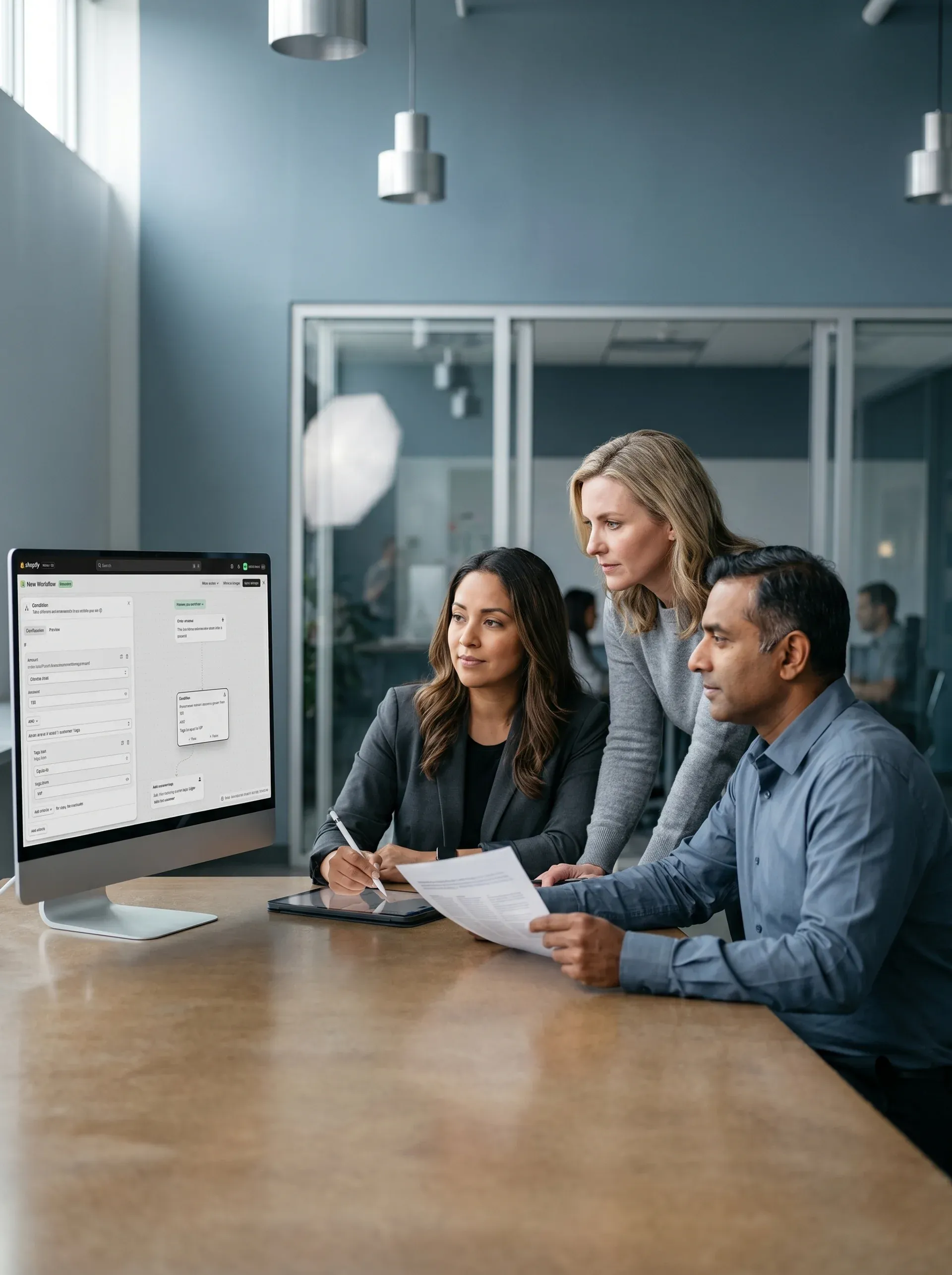 Directors and CTO reviewing Shopify Plus migration strategy at shared workspace Directors and CTO reviewing Shopify Plus migration strategy at shared workspace