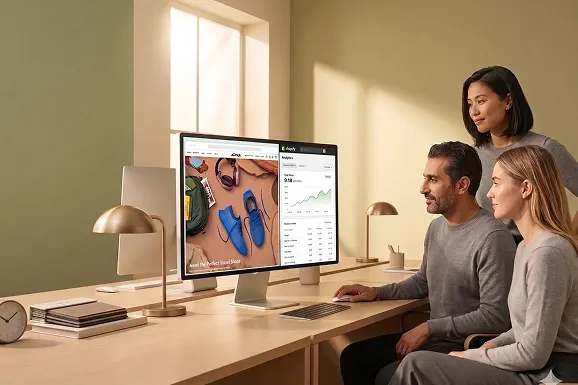 Ecommerce director and team reviewing Shopify Plus go-live results on analytics dashboard Ecommerce director and team reviewing Shopify Plus go-live results on analytics dashboard