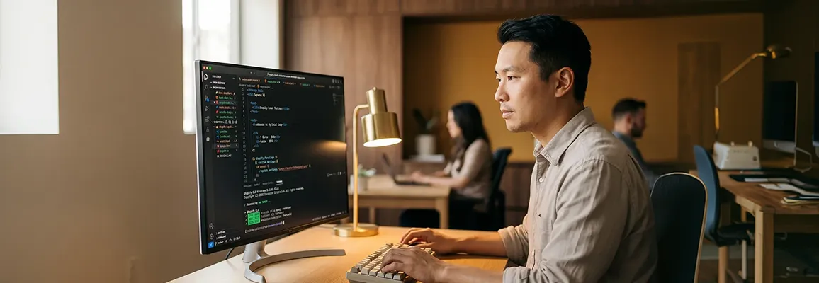 Senior developer reviewing Shopify Plus enterprise build specifications on screens in natural light workspace Senior developer reviewing Shopify Plus enterprise build specifications on screens in natural light workspace