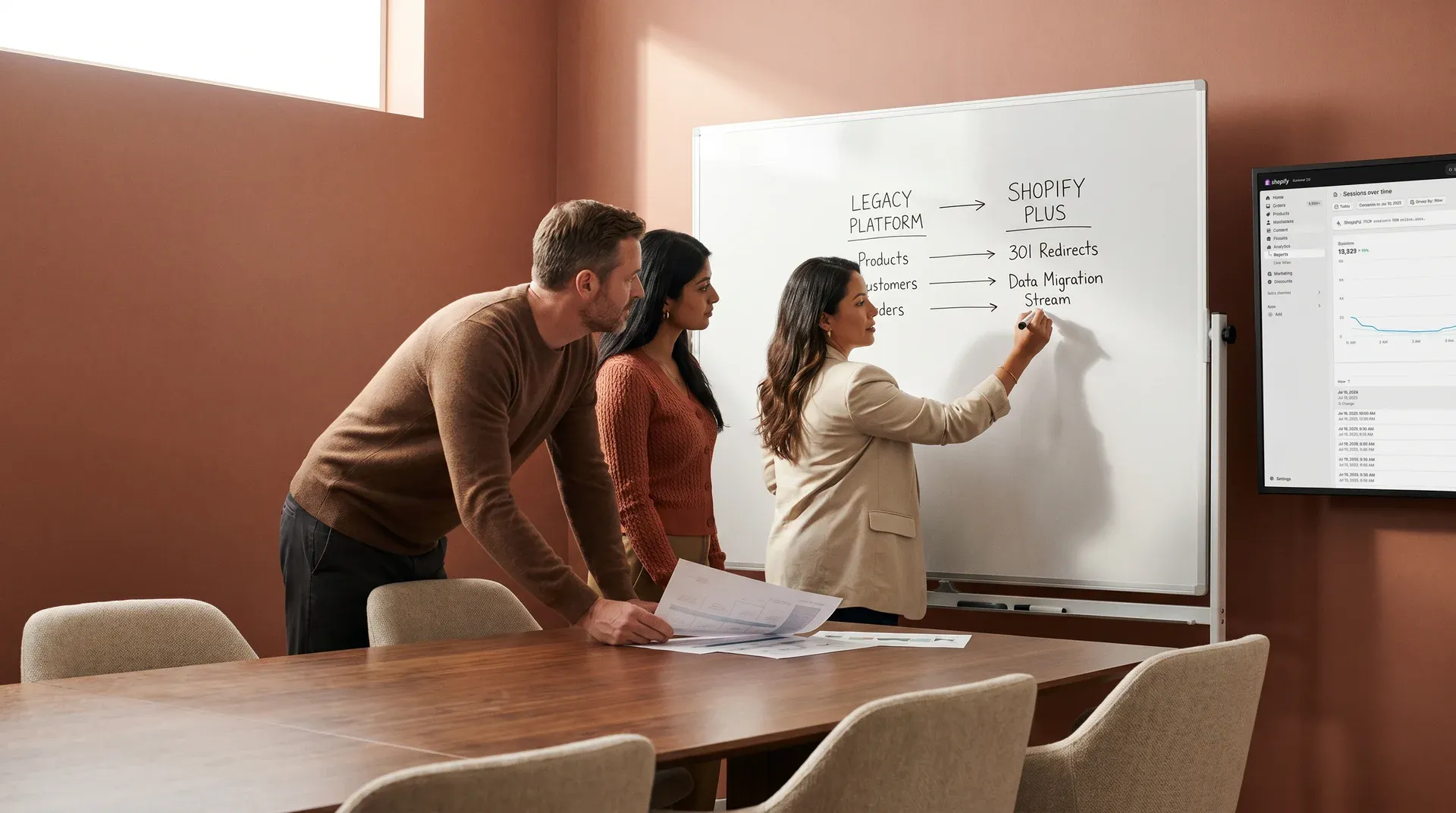 Replatforming project team mapping Shopify Plus migration architecture on whiteboard Replatforming project team mapping Shopify Plus migration architecture on whiteboard