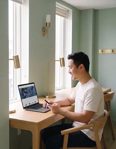 Ecommerce founder reviewing mobile store performance after successful Shopify replatforming Ecommerce founder reviewing mobile store performance after successful Shopify replatforming