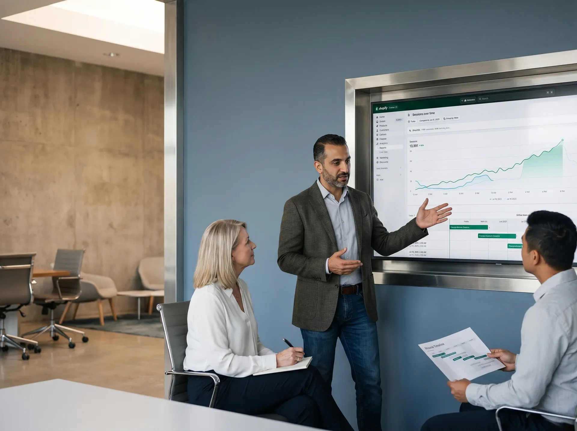 Enterprise migration consultant presenting Shopify Plus replatforming roadmap to operations leadership team Enterprise migration consultant presenting Shopify Plus replatforming roadmap to operations leadership team