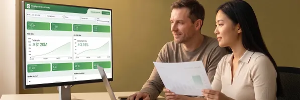 Growth and conversion rate optimization team celebrating revenue results together at a shared workspace with data on screens Growth and conversion rate optimization team celebrating revenue results together at a shared workspace with data on screens