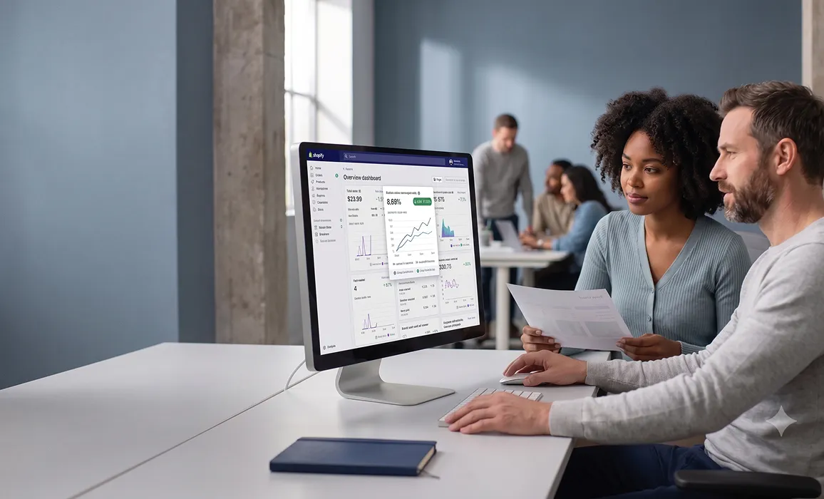 Ecommerce growth team reviewing A/B test results and conversion improvement data on large monitor Ecommerce growth team reviewing A/B test results and conversion improvement data on large monitor