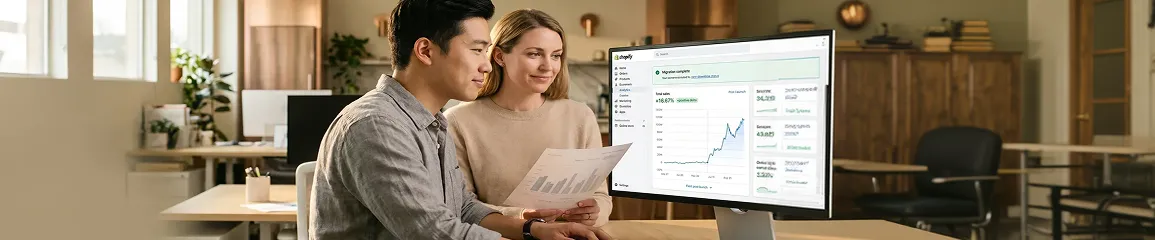 Go Wise USA team reviewing successful Shopify migration results on laptop screen Go Wise USA team reviewing successful Shopify migration results on laptop screen