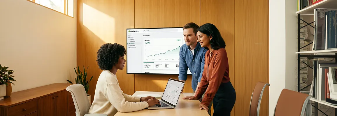 Ecommerce leadership team celebrating successful Shopify store migration with live dashboard displayed on large screen in modern office Ecommerce leadership team celebrating successful Shopify store migration with live dashboard displayed on large screen in modern office