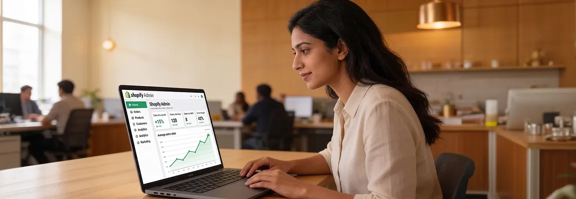 Ecommerce founder reviewing WooCommerce to Shopify migration results on laptop in modern bright office workspace with natural light