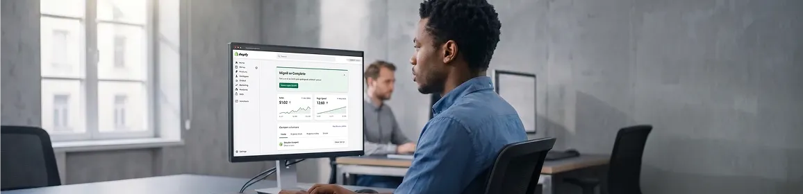 Developer completing a WooCommerce to Shopify migration with a clean fast Shopify Admin replacing the legacy WordPress store
