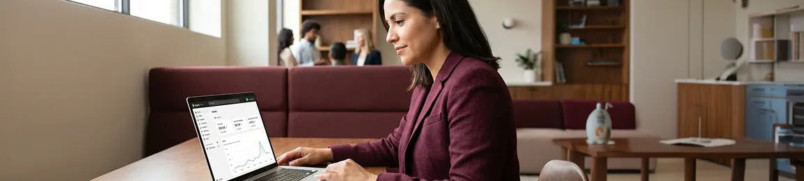 Confident ecommerce store owner after successful WooCommerce to Shopify migration at workstation with natural window light