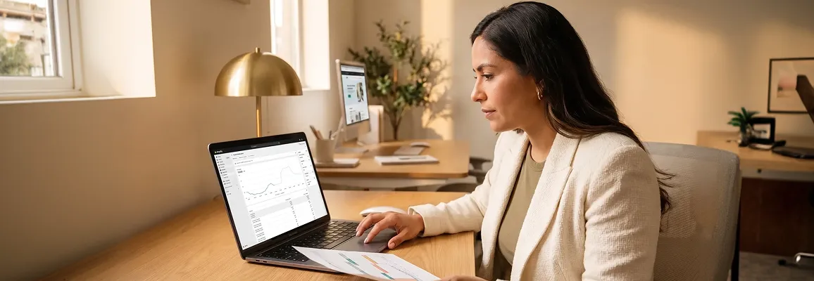 Ecommerce store founder reviewing her Shopify migration plan on a laptop at a creative workspace Ecommerce store founder reviewing her Shopify migration plan on a laptop at a creative workspace
