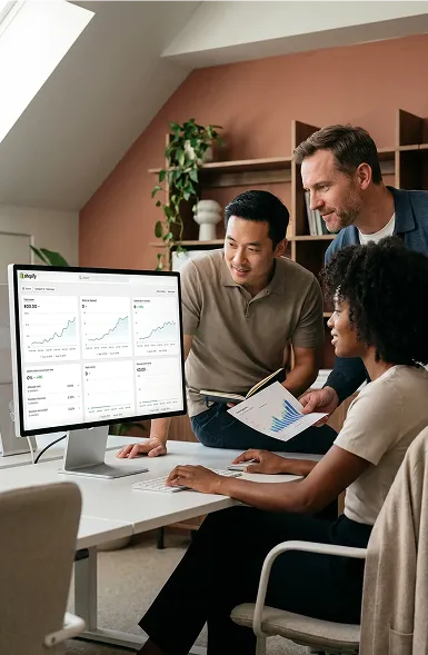 Ecommerce team reviewing post-migration analytics results together on a shared screen, showing growth trends Ecommerce team reviewing post-migration analytics results together on a shared screen, showing growth trends