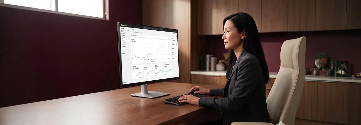 Enterprise ops leader reviewing Shopify Plus analytics and migration results on a large monitor at company headquarters Enterprise ops leader reviewing Shopify Plus analytics and migration results on a large monitor at company headquarters
