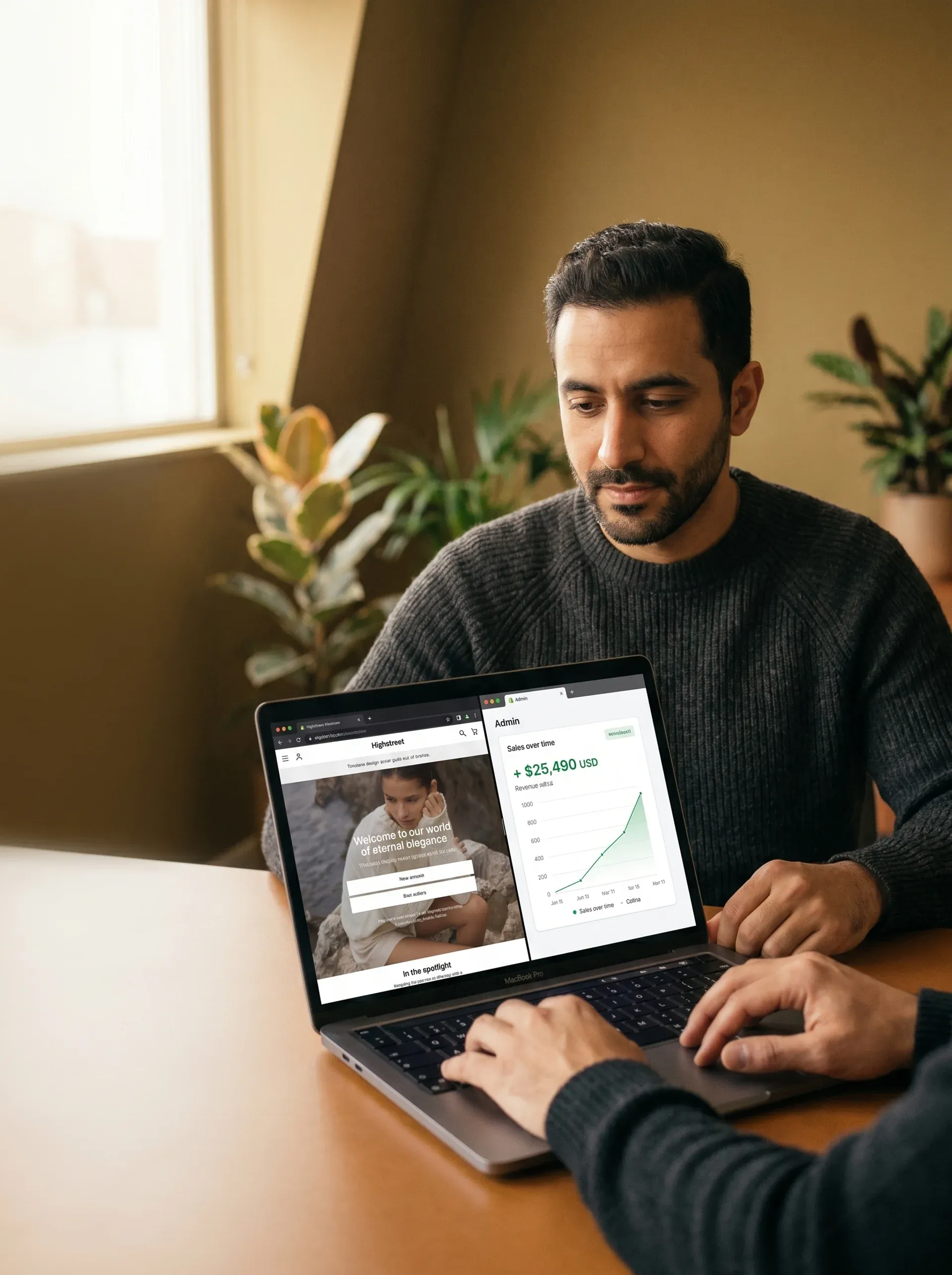 Brand founder reviewing strong first-week Shopify Plus revenue results on a laptop at their desk Brand founder reviewing strong first-week Shopify Plus revenue results on a laptop at their desk