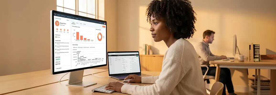 Ecommerce CRM manager reviewing HubSpot contact timeline enriched with Shopify purchase history and behavioral data on large dashboard monitor Ecommerce CRM manager reviewing HubSpot contact timeline enriched with Shopify purchase history and behavioral data on large dashboard monitor