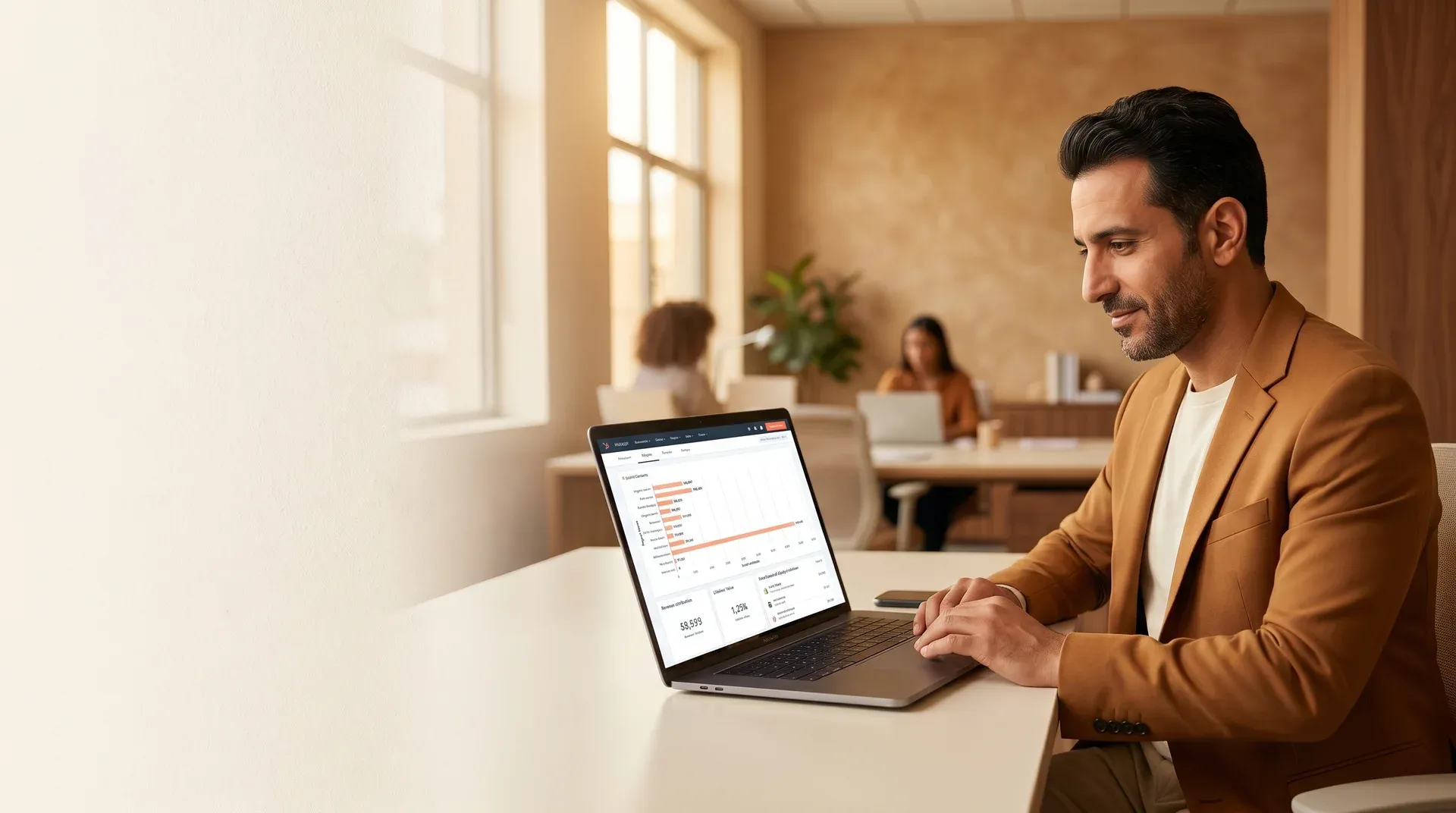 Confident ecommerce CRM manager reviewing unified Shopify and HubSpot customer data and revenue attribution dashboard results Confident ecommerce CRM manager reviewing unified Shopify and HubSpot customer data and revenue attribution dashboard results