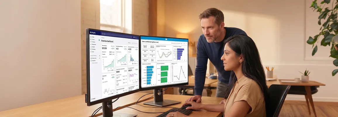 Enterprise sales operations team reviewing unified Shopify customer order data and Salesforce CRM pipeline with revenue attribution on large monitors Enterprise sales operations team reviewing unified Shopify customer order data and Salesforce CRM pipeline with revenue attribution on large monitors
