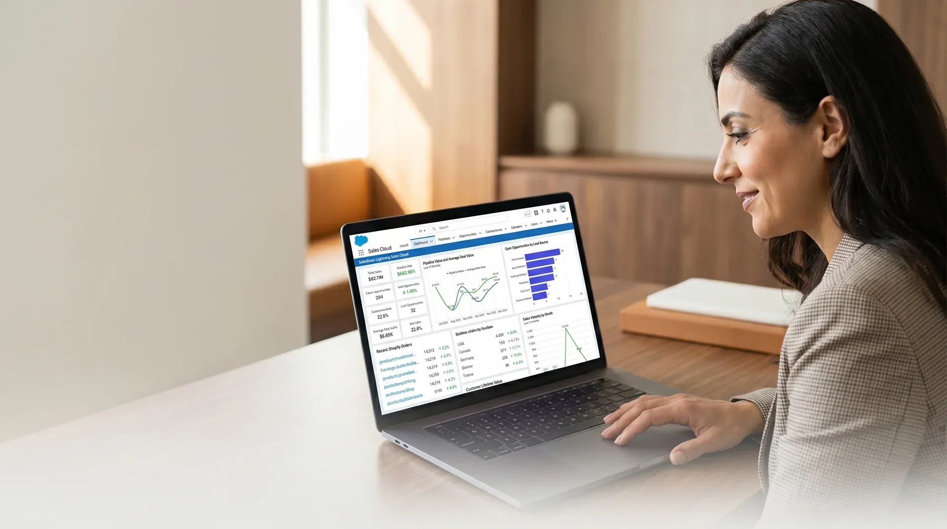 Confident enterprise ecommerce director reviewing connected Shopify Salesforce integration results and unified customer pipeline data in modern office Confident enterprise ecommerce director reviewing connected Shopify Salesforce integration results and unified customer pipeline data in modern office