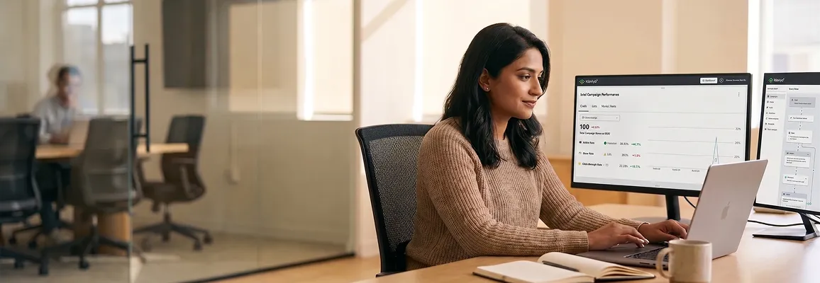 Ecommerce manager reviewing Klaviyo email revenue dashboard showing email driving 50 percent of store revenue Ecommerce manager reviewing Klaviyo email revenue dashboard showing email driving 50 percent of store revenue