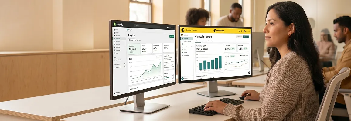Email marketing professional reviewing Shopify and Mailchimp behavioral campaign analytics on dual screens in bright modern workspace Email marketing professional reviewing Shopify and Mailchimp behavioral campaign analytics on dual screens in bright modern workspace