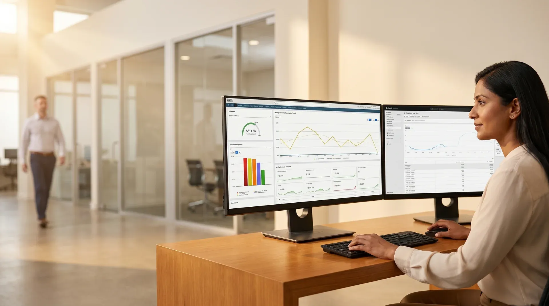 Enterprise operations director reviewing unified Shopify NetSuite ERP integration dashboard showing real-time order and inventory data on monitor Enterprise operations director reviewing unified Shopify NetSuite ERP integration dashboard showing real-time order and inventory data on monitor