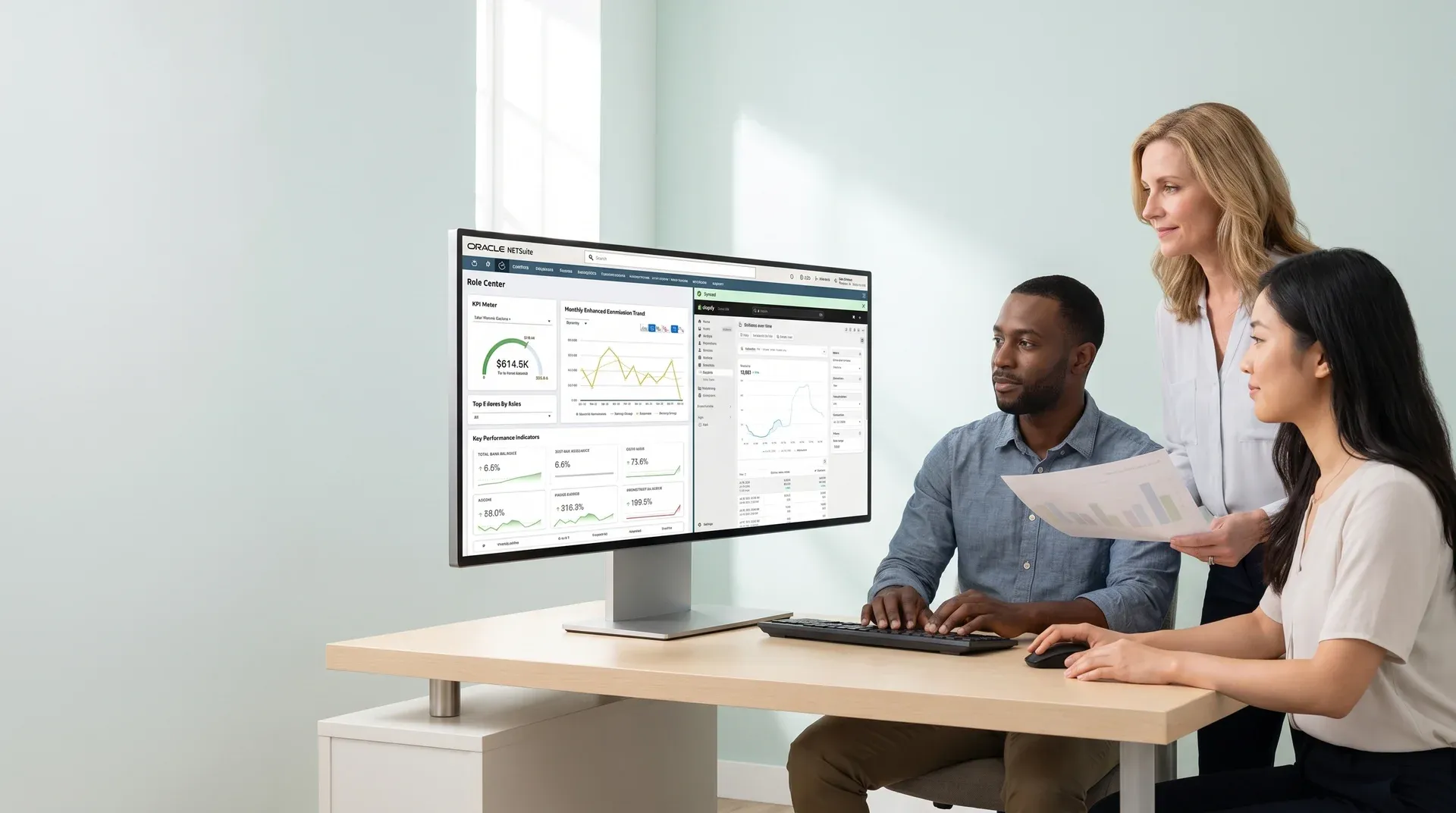 Enterprise operations team reviewing connected Shopify and NetSuite ERP data syncing on a unified dashboard Enterprise operations team reviewing connected Shopify and NetSuite ERP data syncing on a unified dashboard