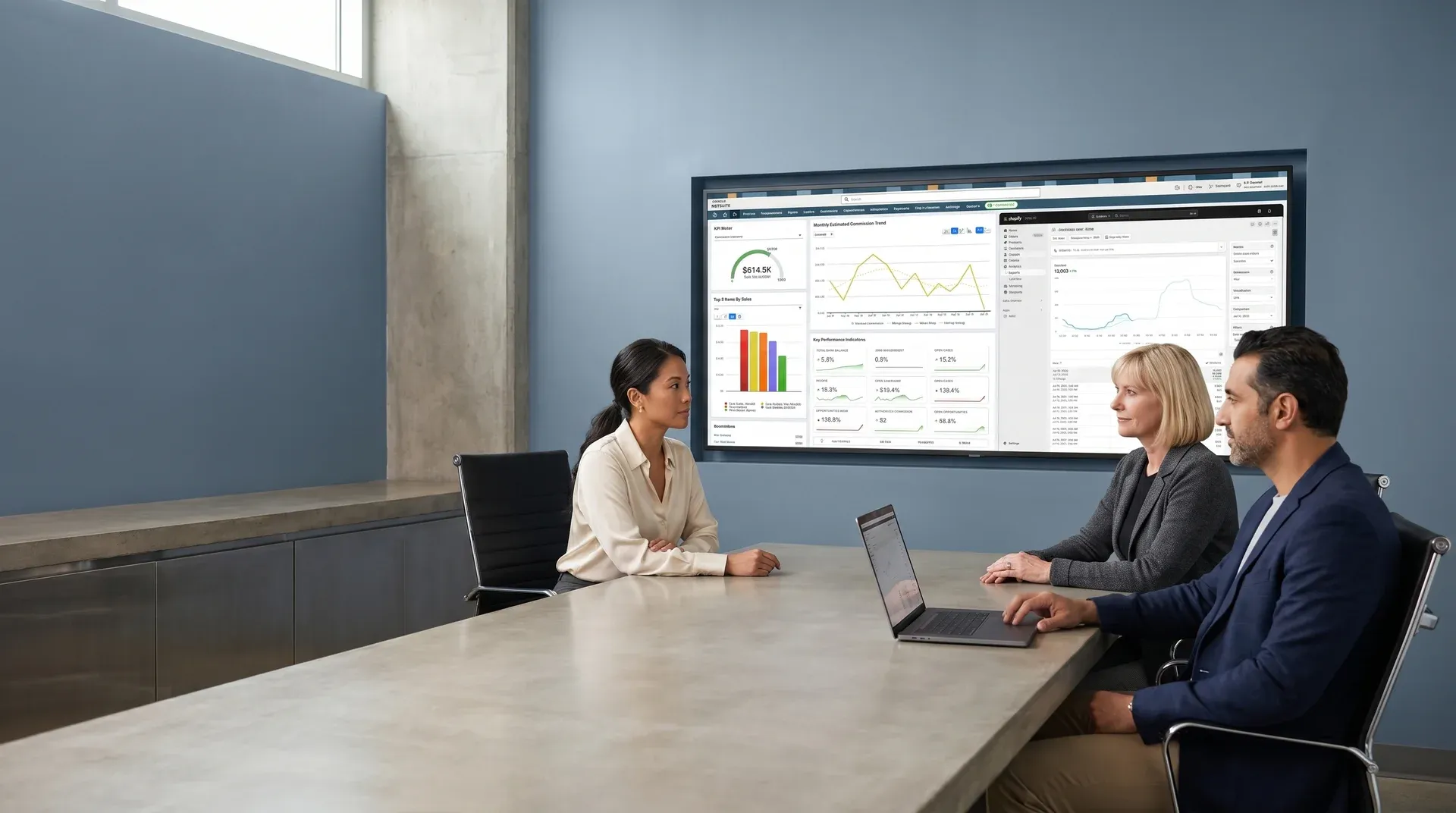 Enterprise operations leadership team reviewing connected Shopify NetSuite ERP integration results and automated order synchronization outcomes Enterprise operations leadership team reviewing connected Shopify NetSuite ERP integration results and automated order synchronization outcomes