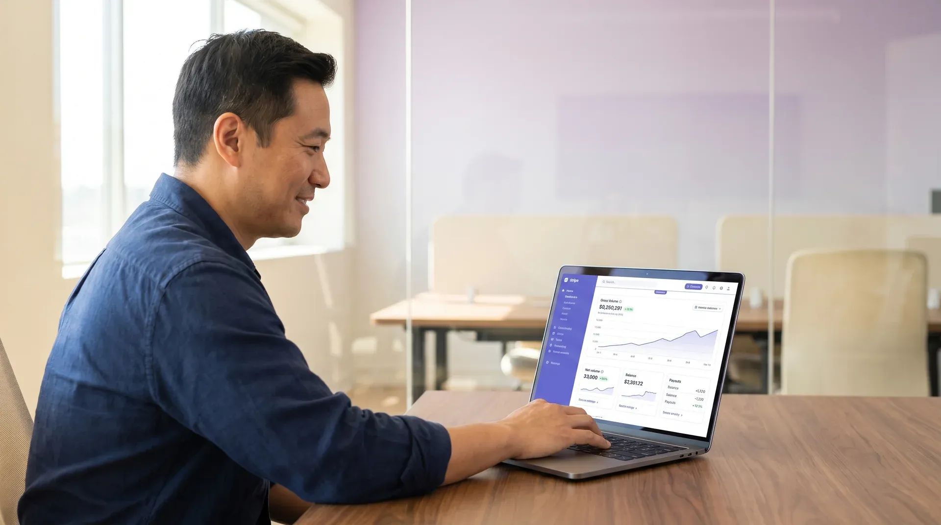 Confident ecommerce store owner reviewing optimized Stripe checkout conversion results and improved payment revenue on laptop Confident ecommerce store owner reviewing optimized Stripe checkout conversion results and improved payment revenue on laptop