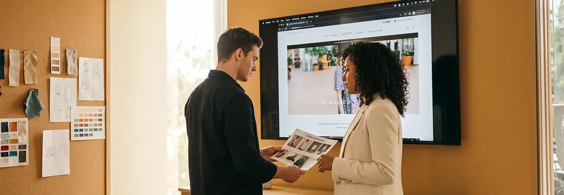 Fashion brand creative director reviewing lookbook campaign imagery in bright studio Fashion brand creative director reviewing lookbook campaign imagery in bright studio