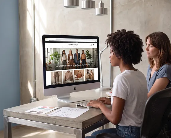 Fashion ecommerce team reviewing Shopify product page design on monitor Fashion ecommerce team reviewing Shopify product page design on monitor